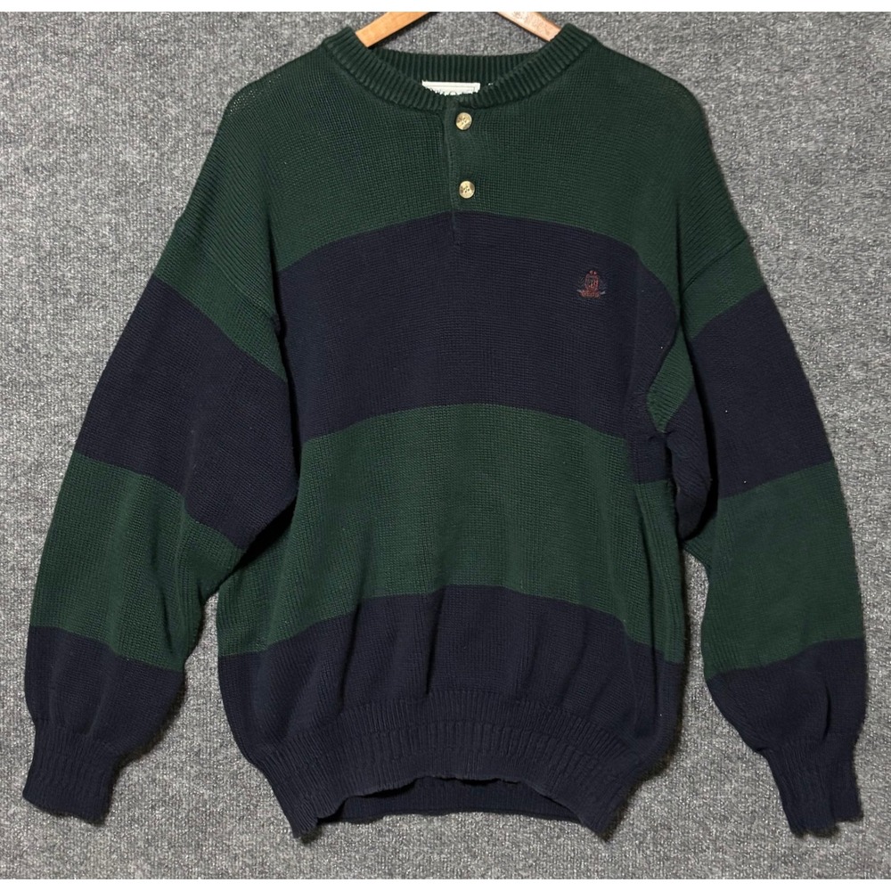 Vintage‎ IZOD Mens Striped Knit Henley Sweater Green/Navy Blue Size XLarge